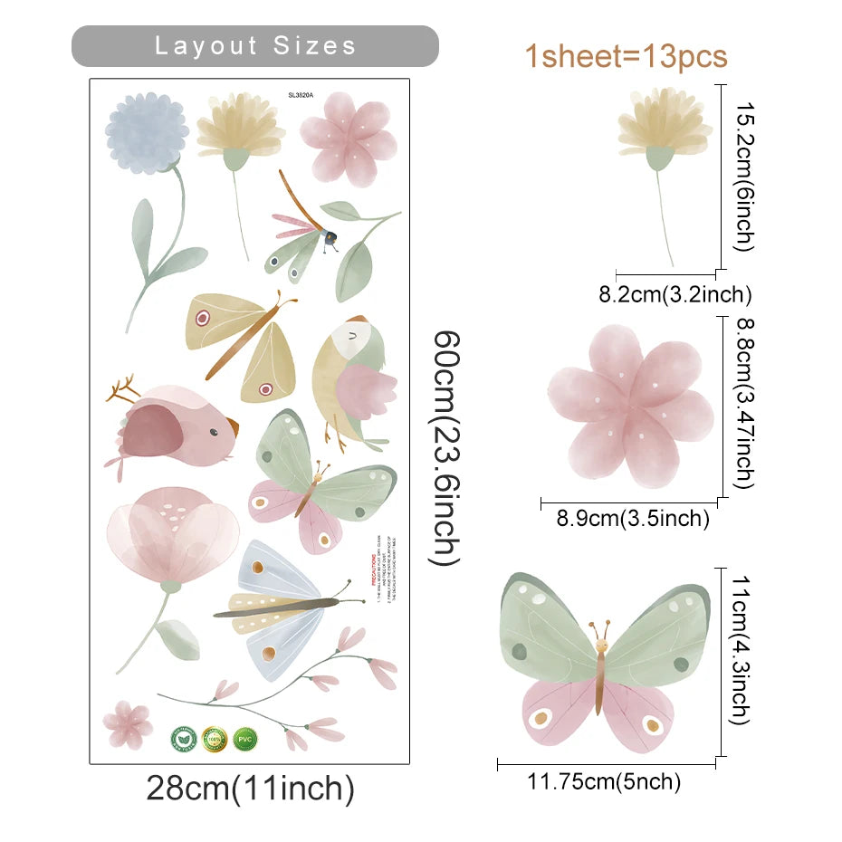 Boho Pink Butterfly & Birds Wall Decal – Kids Room Decor