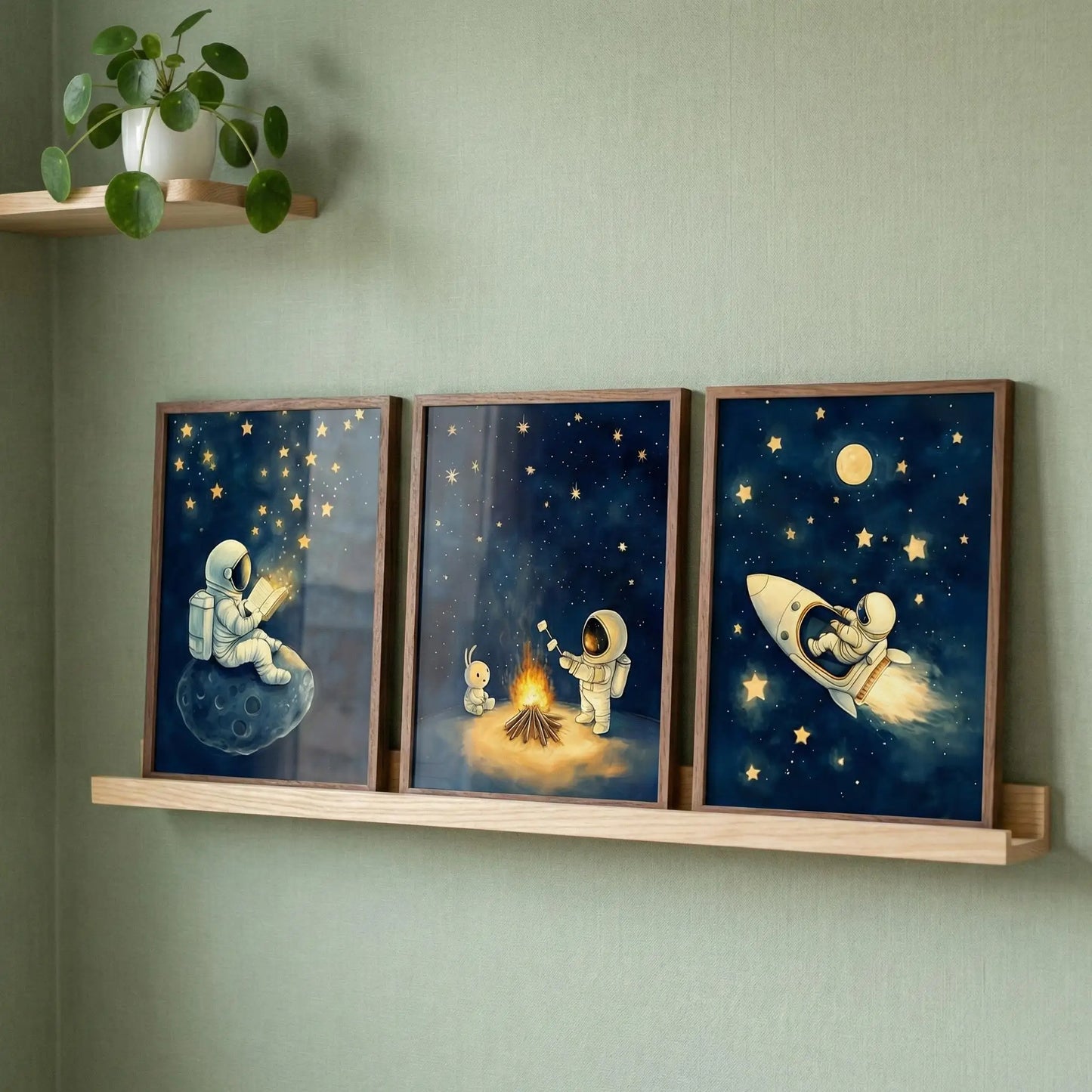 Astronaut Space Wall Art Set of 3 – Cute Rocket & Moon Nursery Posters