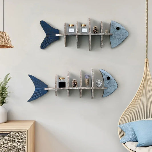 Wooden Fish Row Wall Shelf – Decorative Hanging Bookshelf