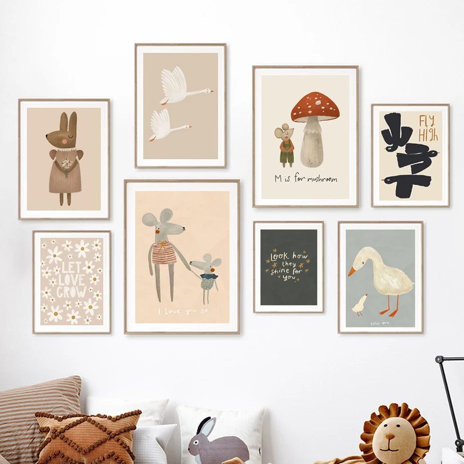 Boho Animal Nursery Wall Art – Rabbit, Mouse & Goose Canvas Posters