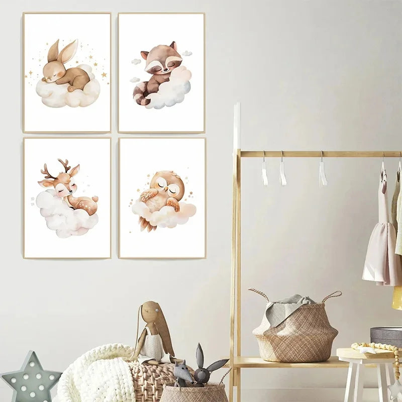 Cartoon Cloud Animal Canvas Wall Art – Cute Raccoon, Fox & Deer Nursery Poster