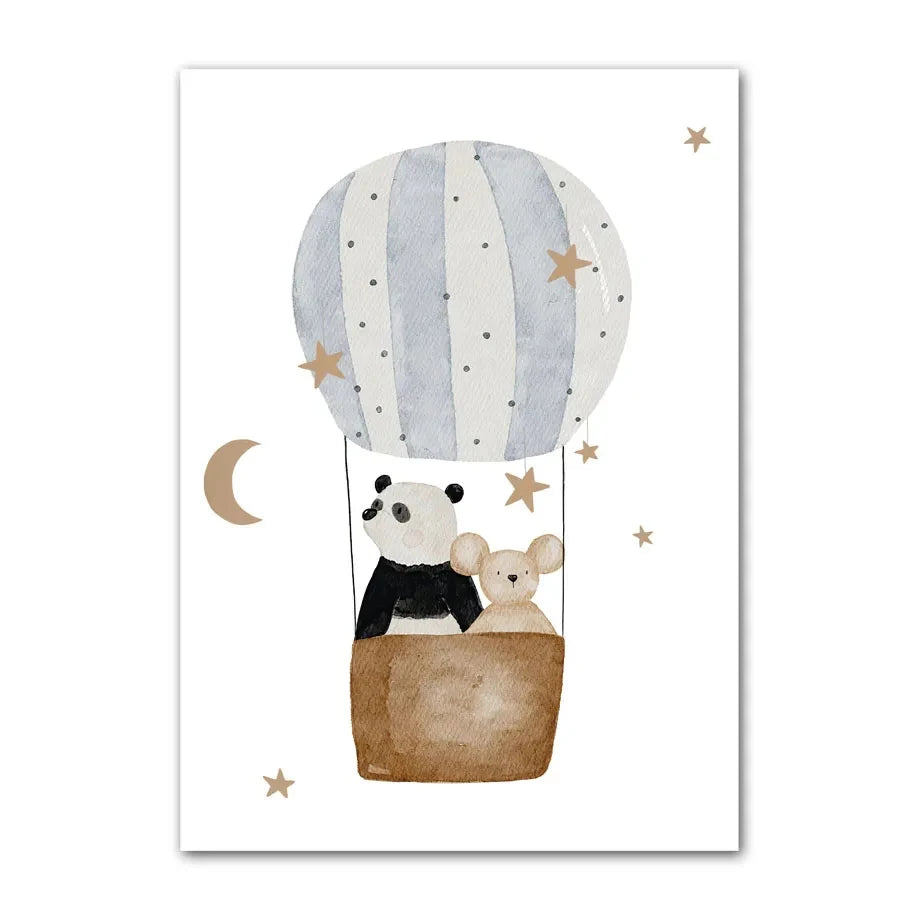 Boho Cartoon Animal Canvas Wall Art – Bear, Panda & Mouse Nursery Prints