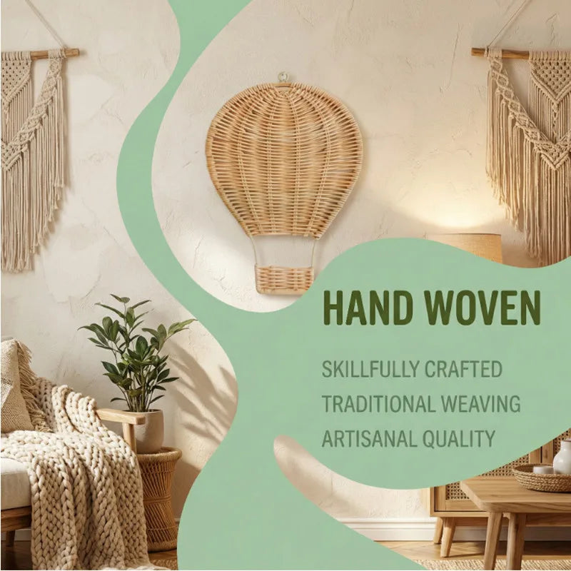 Handwoven Rattan Hot Air Balloon Wall Décor – Boho Nursery Hanging Ornament