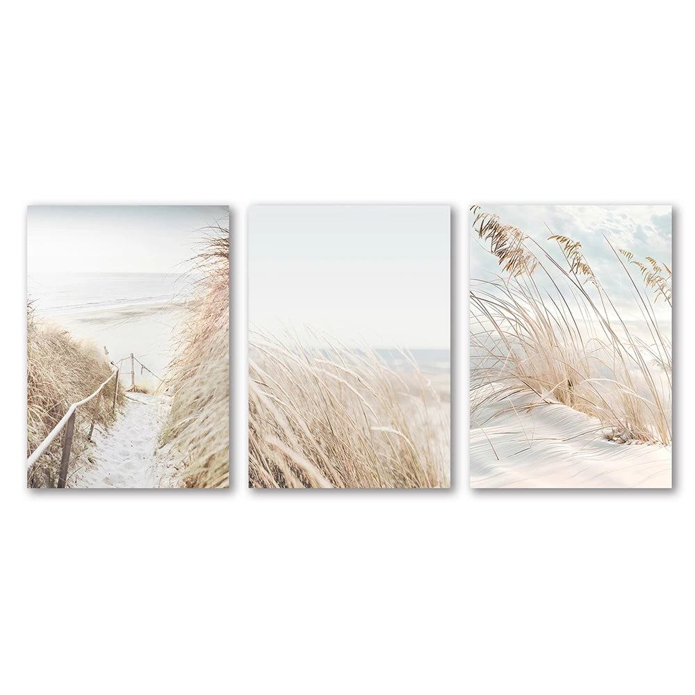 3-Piece White Seascape Canvas Wall Art – Nordic Coastal Pampas Prints