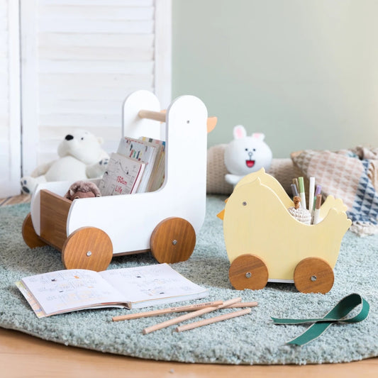 Wooden Animal Storage Cart – Cute Duck & Chick Organizer for Kids Room Decor