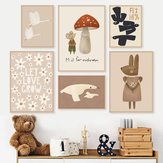 Boho Animal Nursery Wall Art – Rabbit, Mouse & Goose Canvas Posters