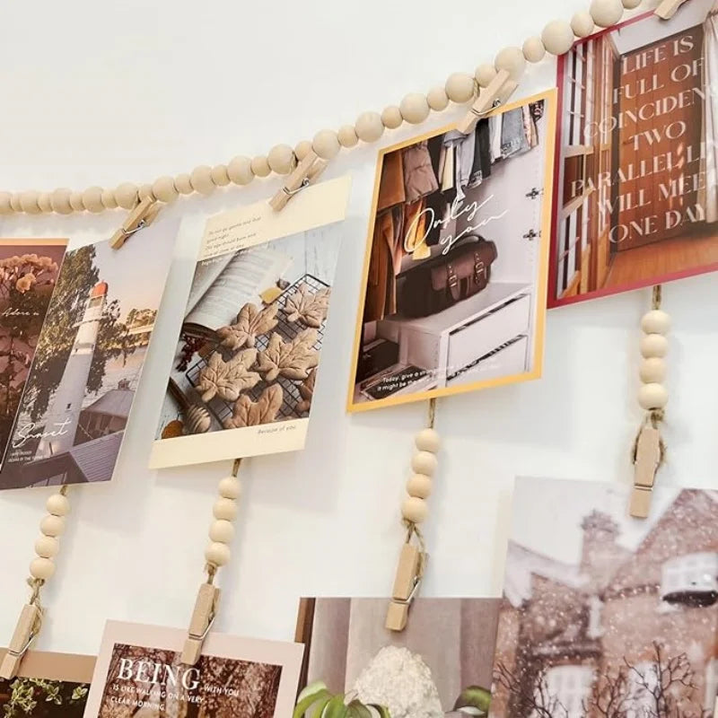 Boho Hanging Photo Display Garland – Wooden Bead Wall Décor with Clips