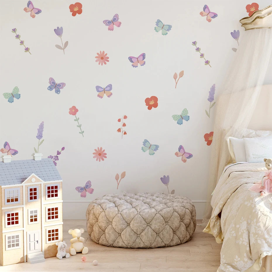 Boho Pink Butterfly & Birds Wall Decal – Kids Room Decor