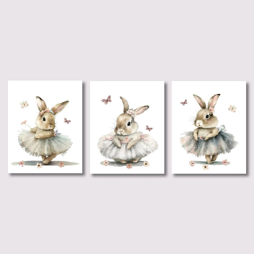 3-Piece Ballerina Bunny Wall Art Set – Ballet Rabbit Nursery Prints