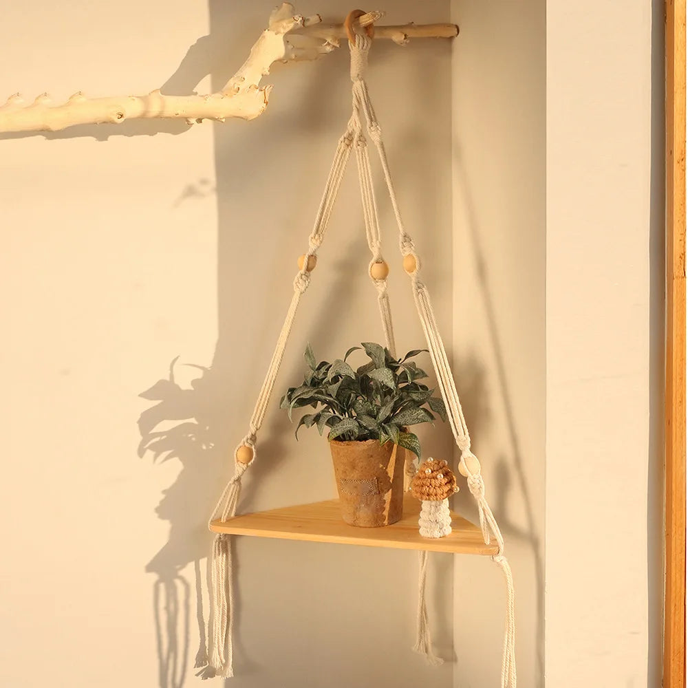 Macrame Corner Wall Shelf – Wooden Floating Shelf for Plants & Decor