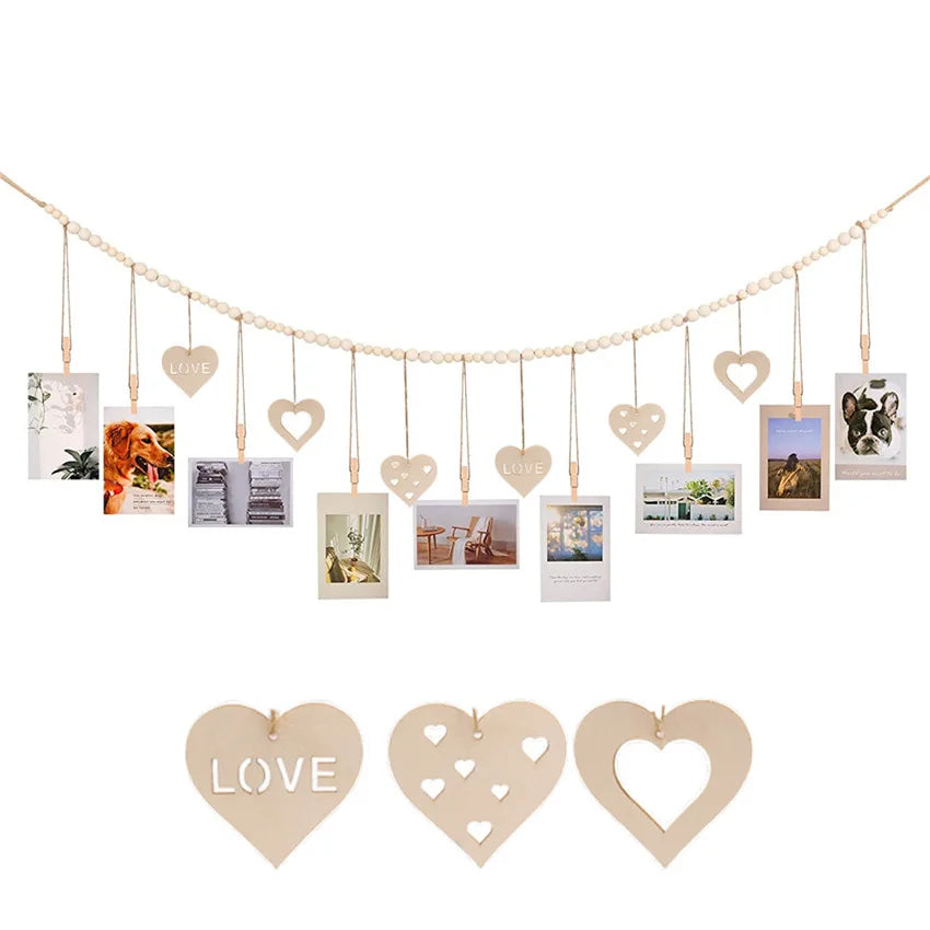 Boho Hanging Photo Display Garland – Wooden Bead Wall Décor with Clips