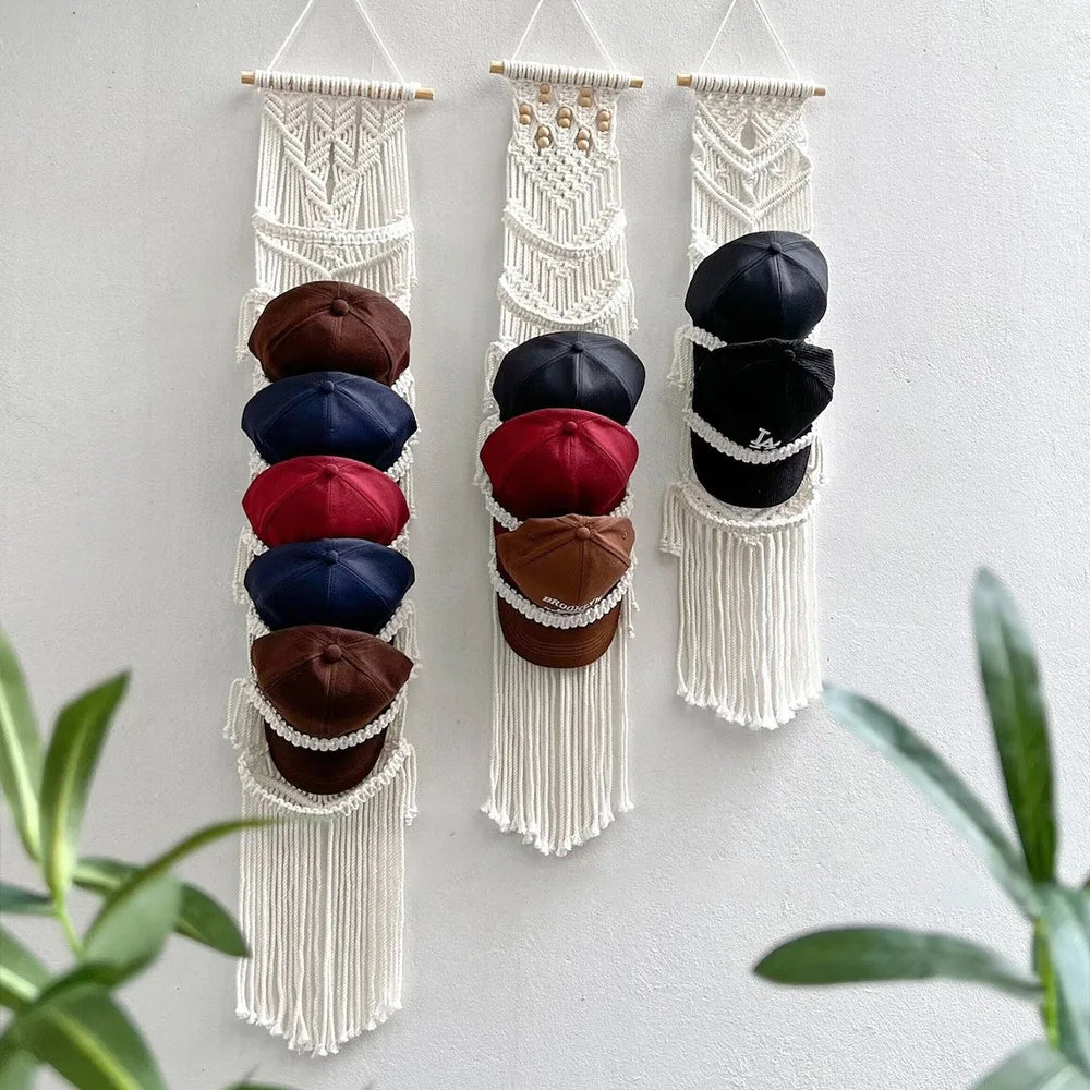 Boho Cotton Rope Hat Organizer – Wall Hanging Cap Storage Rack (Up to 32 Hats)