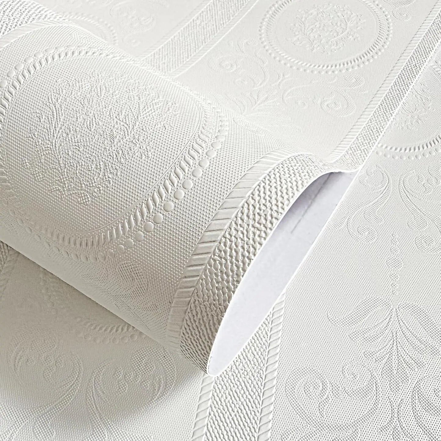 3D White Embossed Peel & Stick Wallpaper – Modern Damask Floral Wall Décor