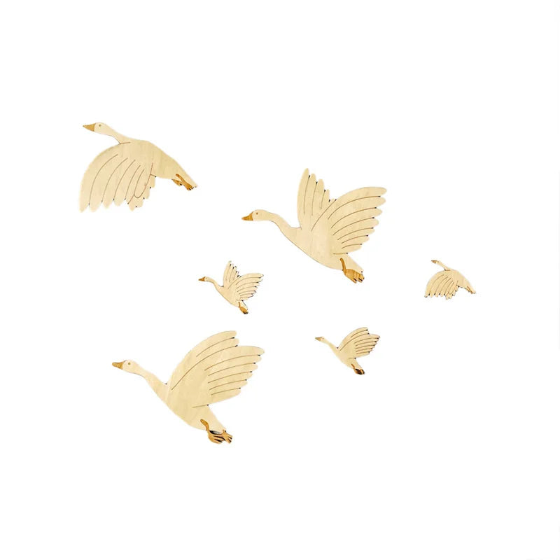 Wooden Swan & Flying Birds Wall Stickers – Nordic Nursery Wall Décor Set
