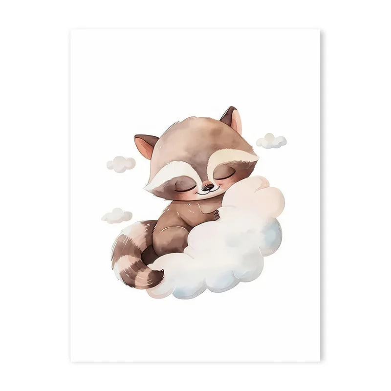Cartoon Cloud Animal Canvas Wall Art – Cute Raccoon, Fox & Deer Nursery Poster