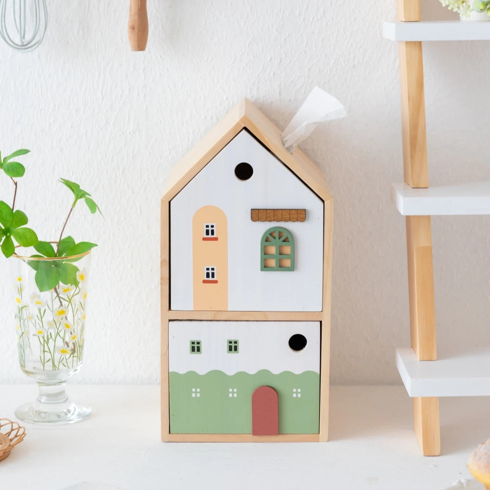 Wooden House Tissue Box & Storage Organizer – Double Layer Desk & Living Room Décor
