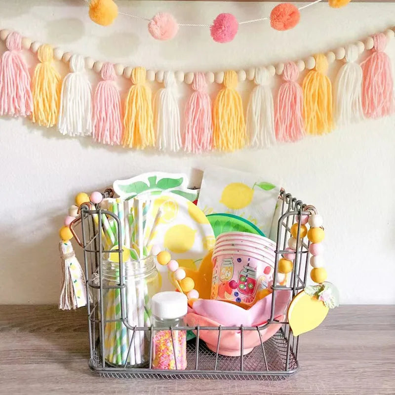 Pink Tassel Garland with Wood Beads – Boho Wall Hanging Nursery Décor