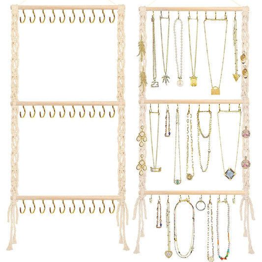 Boho Macrame Jewelry Organizer – Wall Hanging Necklace Holder with 30 Hooks