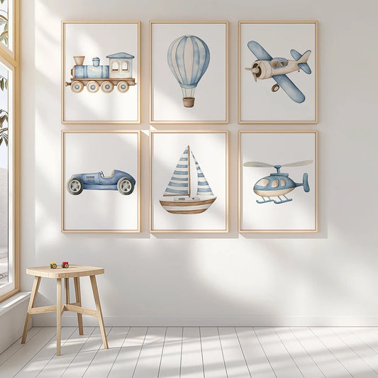 6-Piece Transportation Nursery Wall Art Set – Car, Plane, Train & More