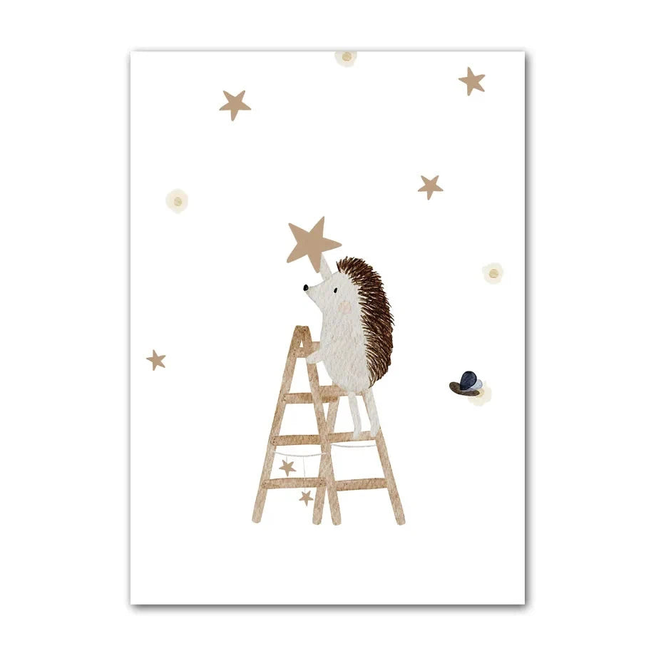 Boho Cartoon Animal Canvas Wall Art – Bear, Panda & Mouse Nursery Prints