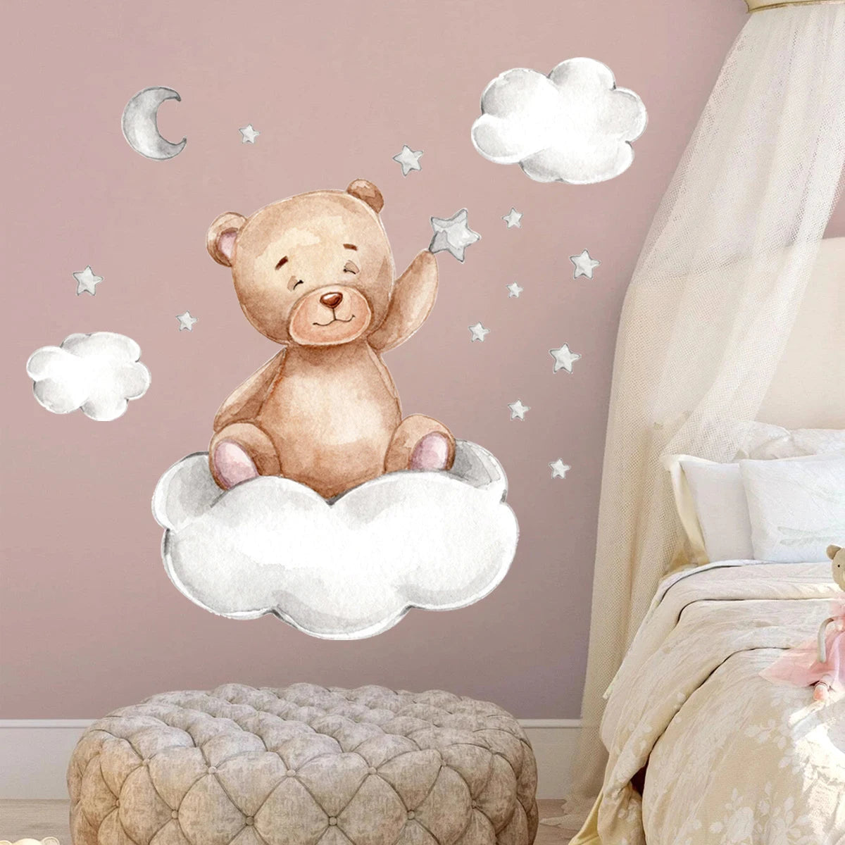 Cartoon Bear Moon & Stars Wall Sticker – Nursery & Kids Room Decor