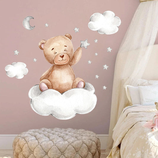 Cartoon Bear Moon & Stars Wall Sticker – Nursery & Kids Room Decor