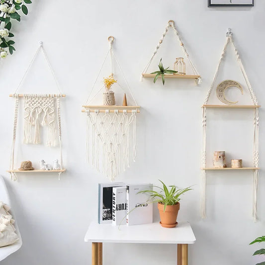 Macrame Wooden Wall Shelf – Decorative Floating Shelf & Plant Holder