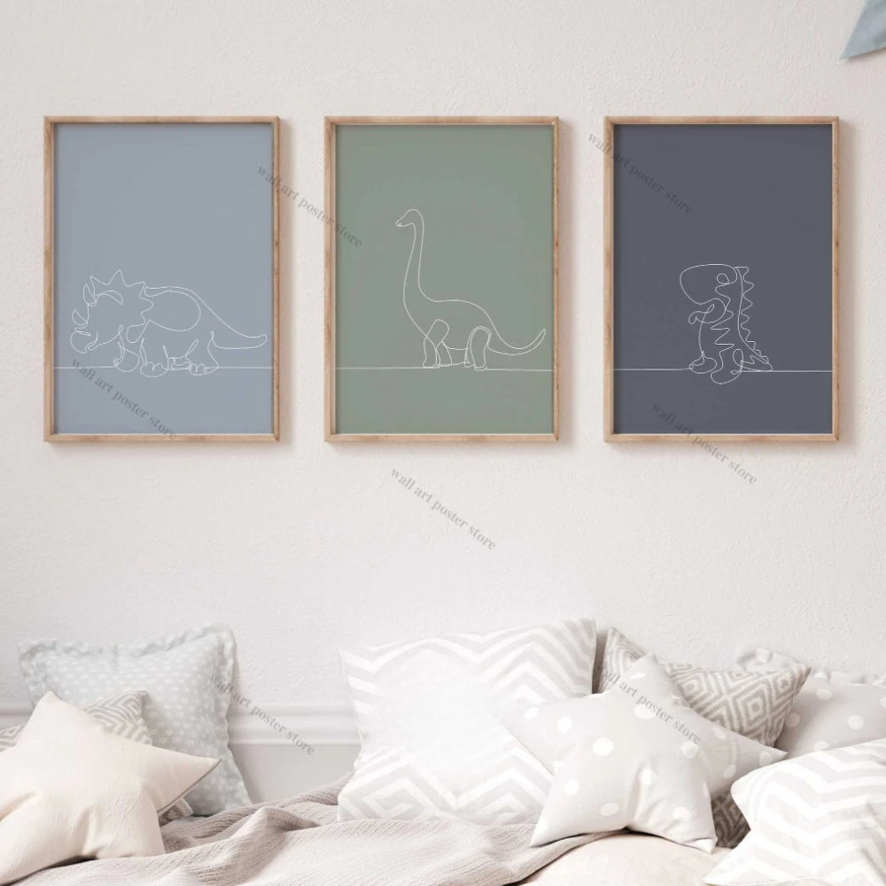 Dinosaur Line Art Prints – Minimalist Jurassic Nursery Wall Art Set
