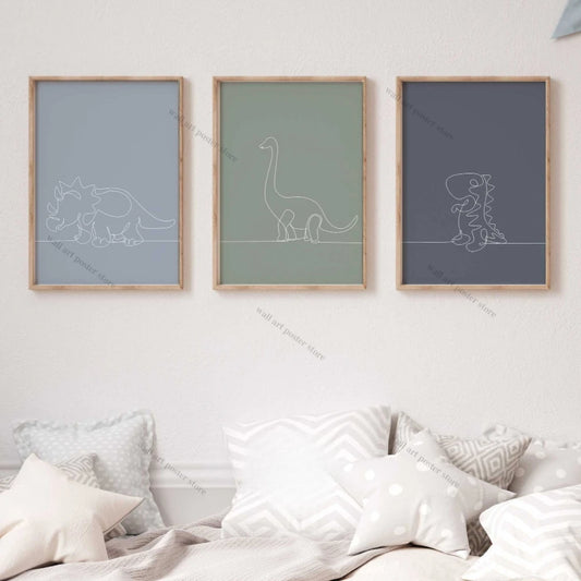 Dinosaur Line Art Prints – Minimalist Jurassic Nursery Wall Art Set