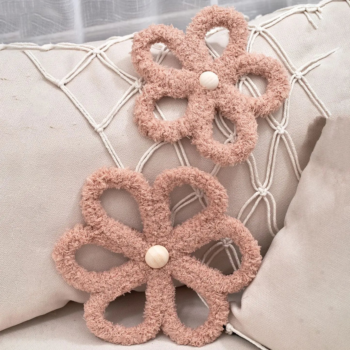 Bohemian Macrame Daisy Wall Decor Set – Handmade Nursery & Kids Room Hanging