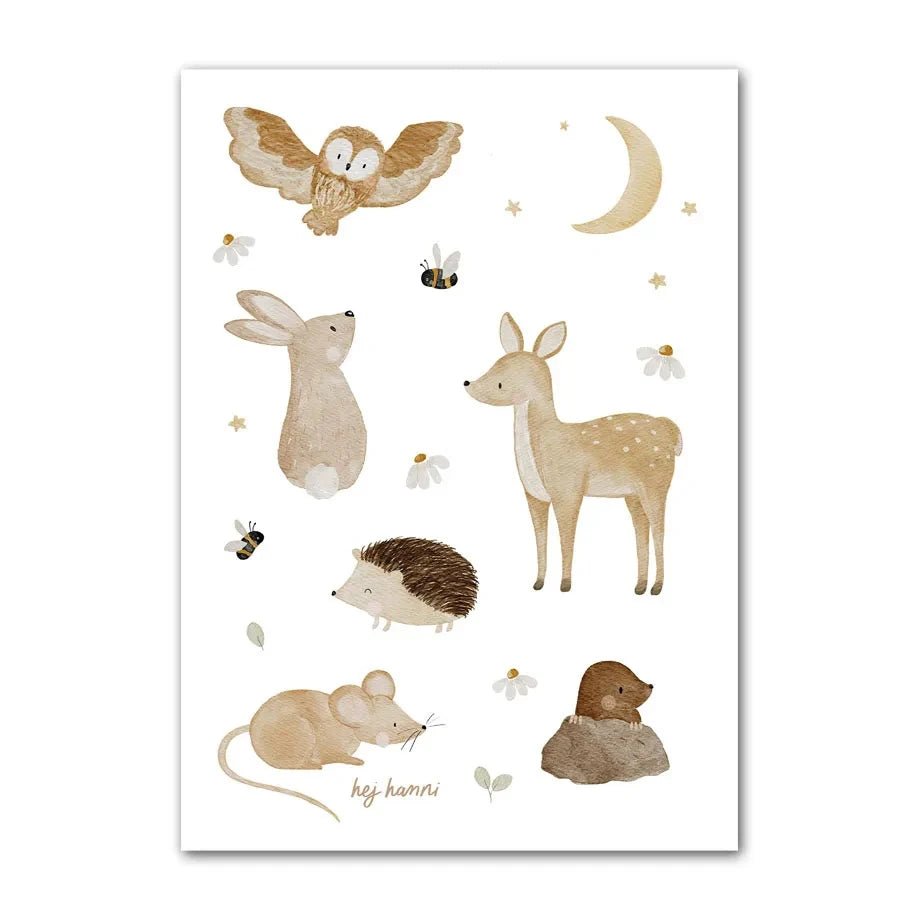 Boho Cartoon Animal Canvas Wall Art – Bear, Panda & Mouse Nursery Prints