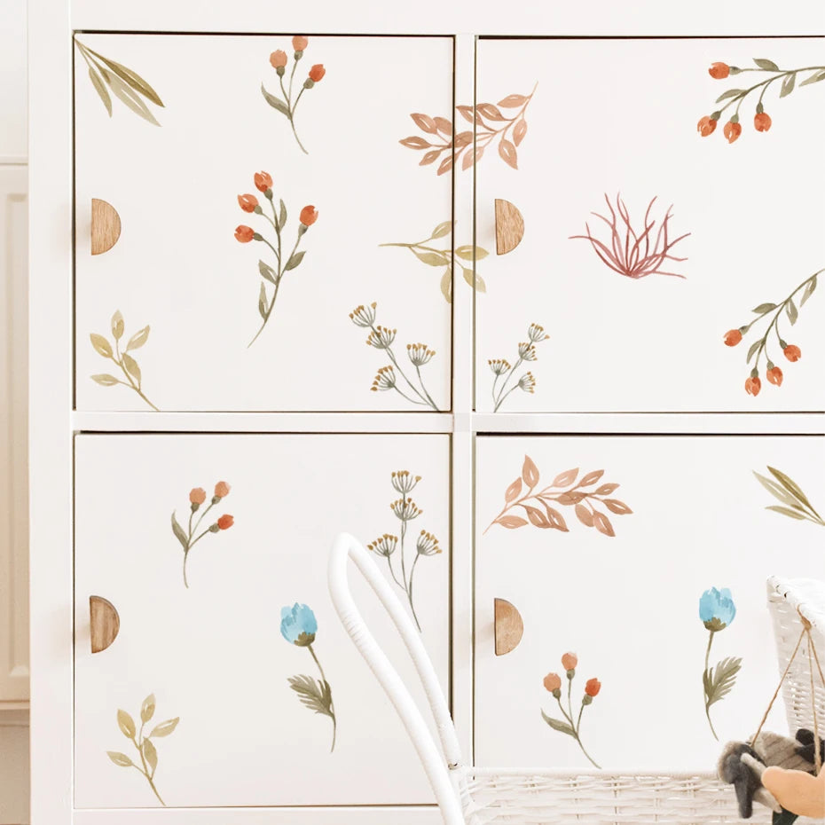 Boho Watercolor Leaves & Flowers Wall Decals for Nursery & Kids Room