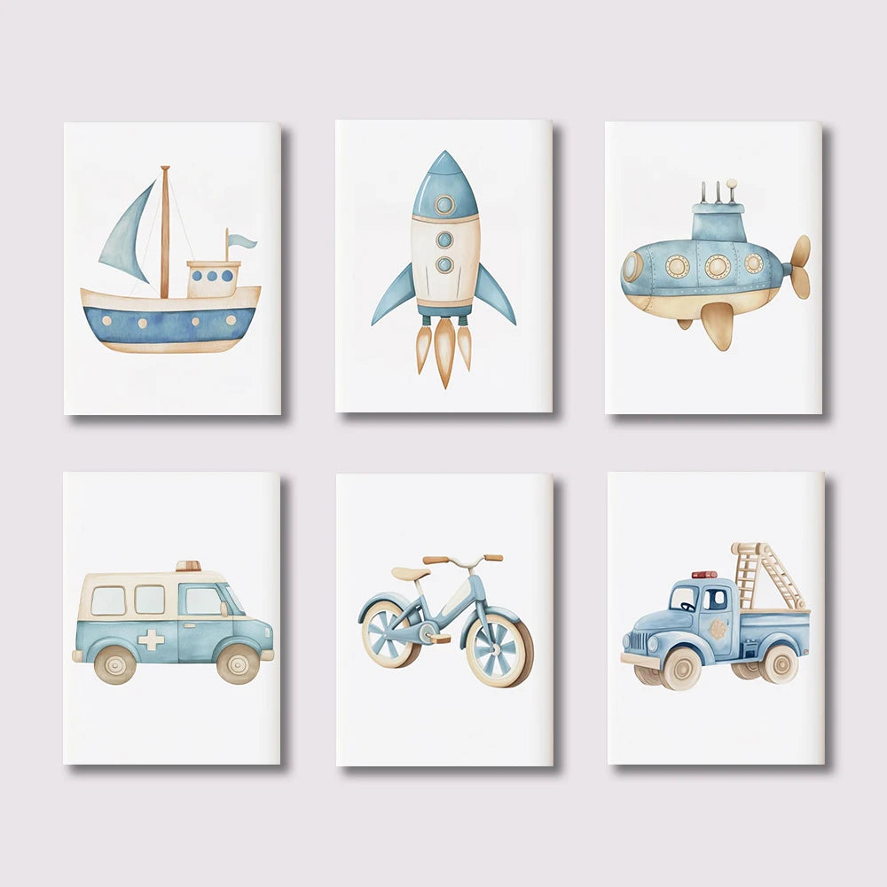 6-Piece Transportation Nursery Wall Art Set – Car, Plane, Train & More