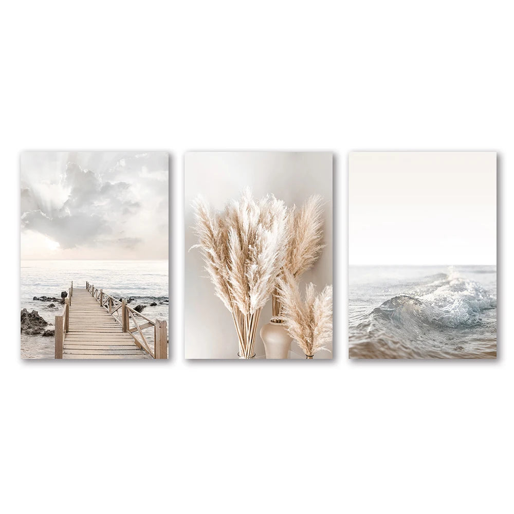 3-Piece White Seascape Canvas Wall Art – Nordic Coastal Pampas Prints