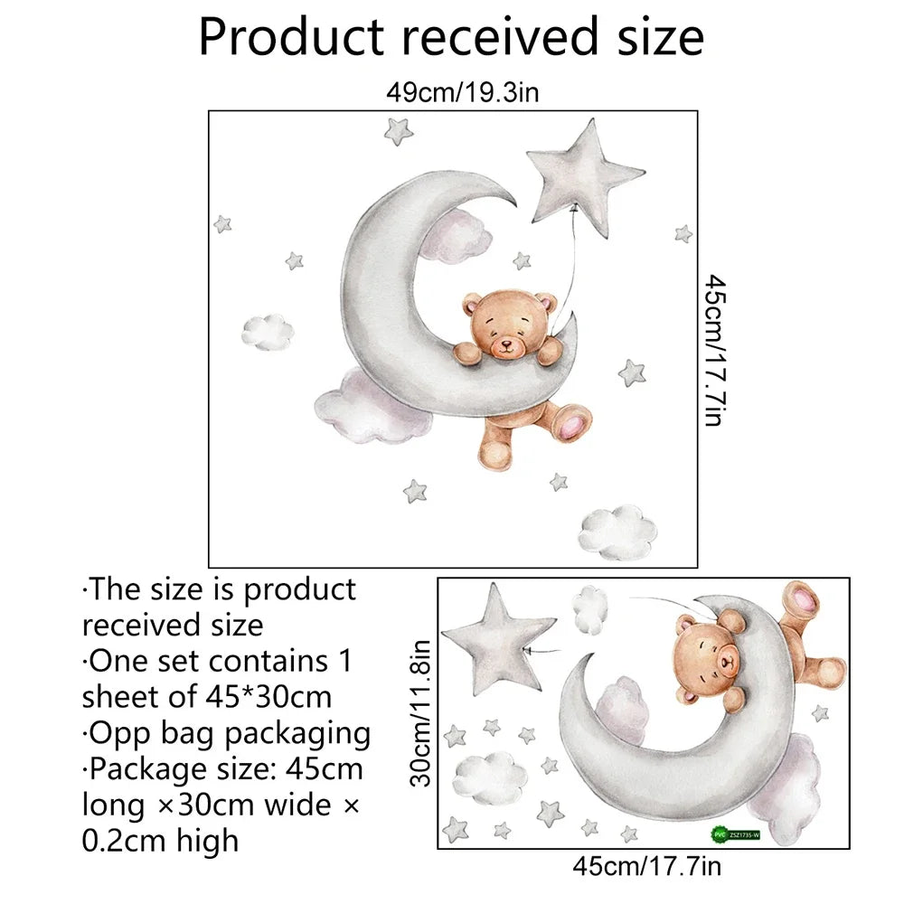 Cartoon Bear Moon & Stars Wall Sticker – Nursery & Kids Room Decor
