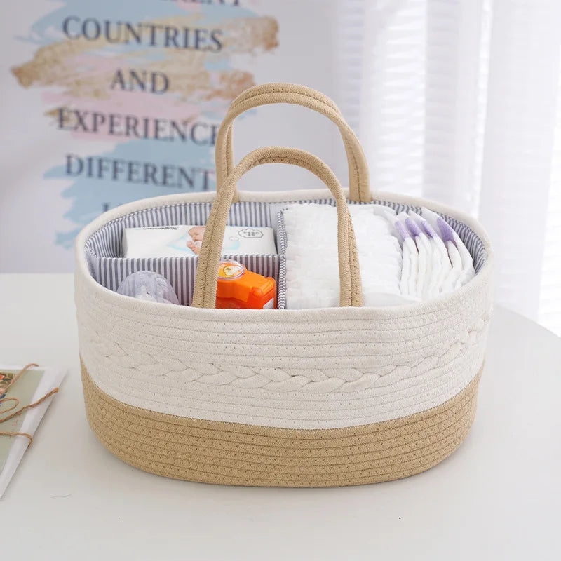Multifunctional Baby Storage Basket – Cotton Rope Organizer for Diapers & Bottles