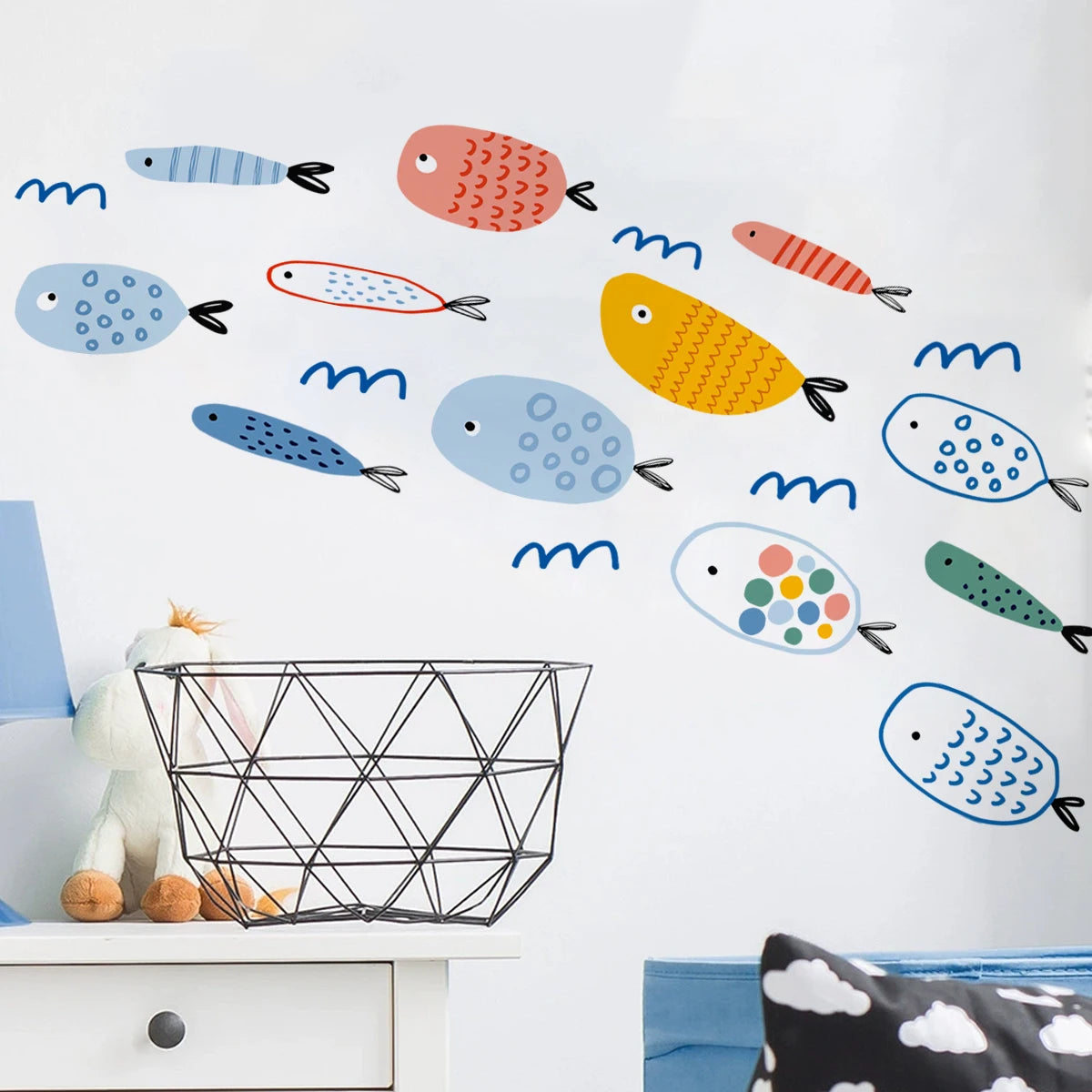 Colorful Blue Fish Wall Decals for Kids Room