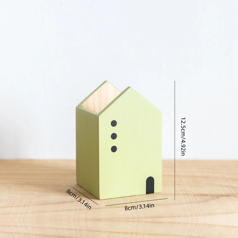 Cartoon House Pencil Holder – Wooden Desk Organizer & Room Decor