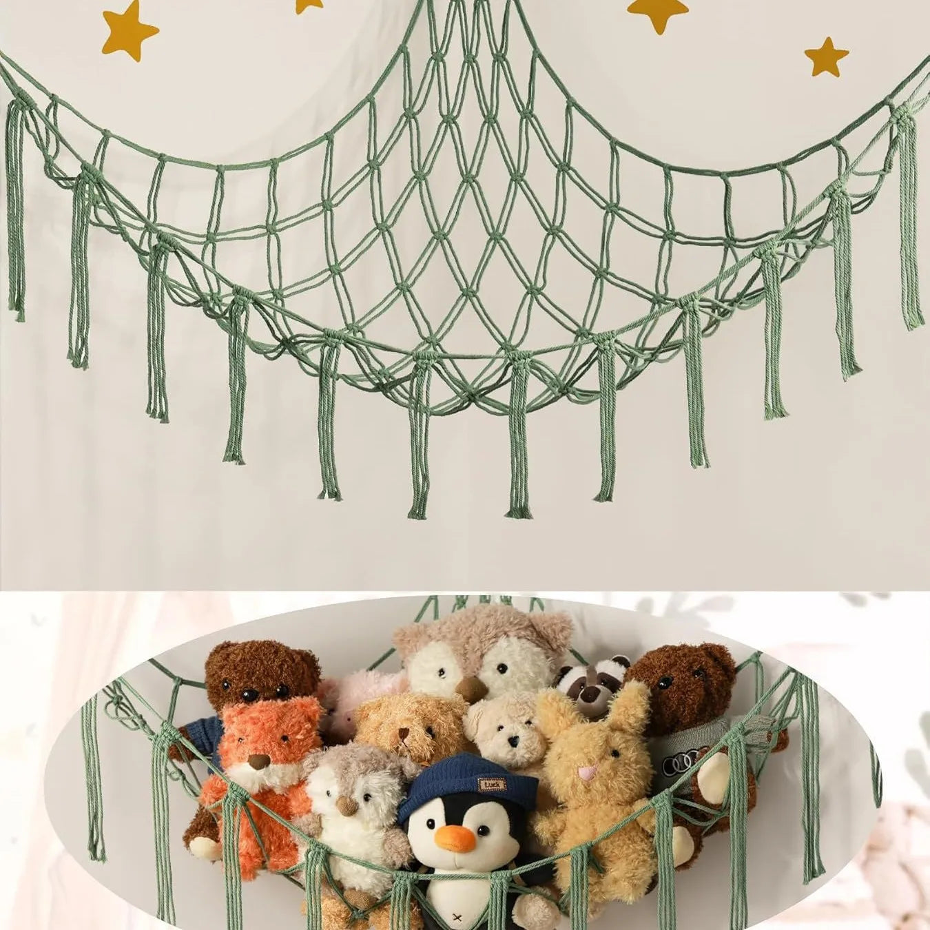 Boho Stuffed Animal Net Hammock – Macrame Corner Toy Storage Organizer