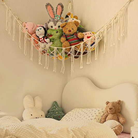 Boho Stuffed Animal Net Hammock – Macrame Corner Toy Storage Organizer