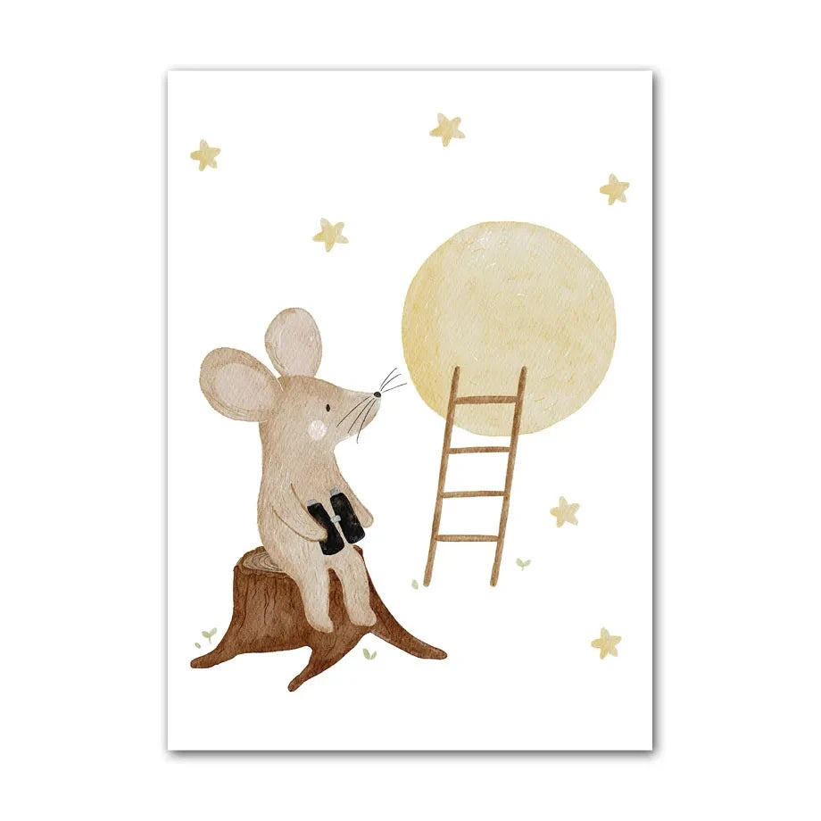 Boho Cartoon Animal Canvas Wall Art – Bear, Panda & Mouse Nursery Prints