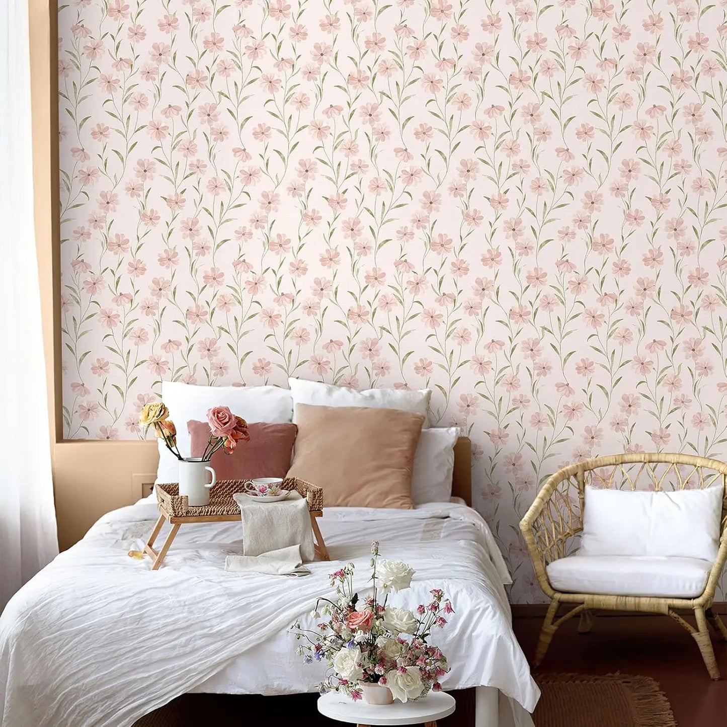 Pink Floral Peel & Stick Wallpaper – Daisy & Green Leaf Nursery Décor