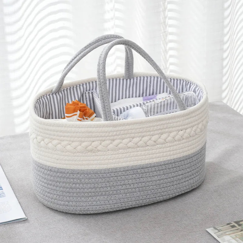 Multifunctional Baby Storage Basket – Cotton Rope Organizer for Diapers & Bottles
