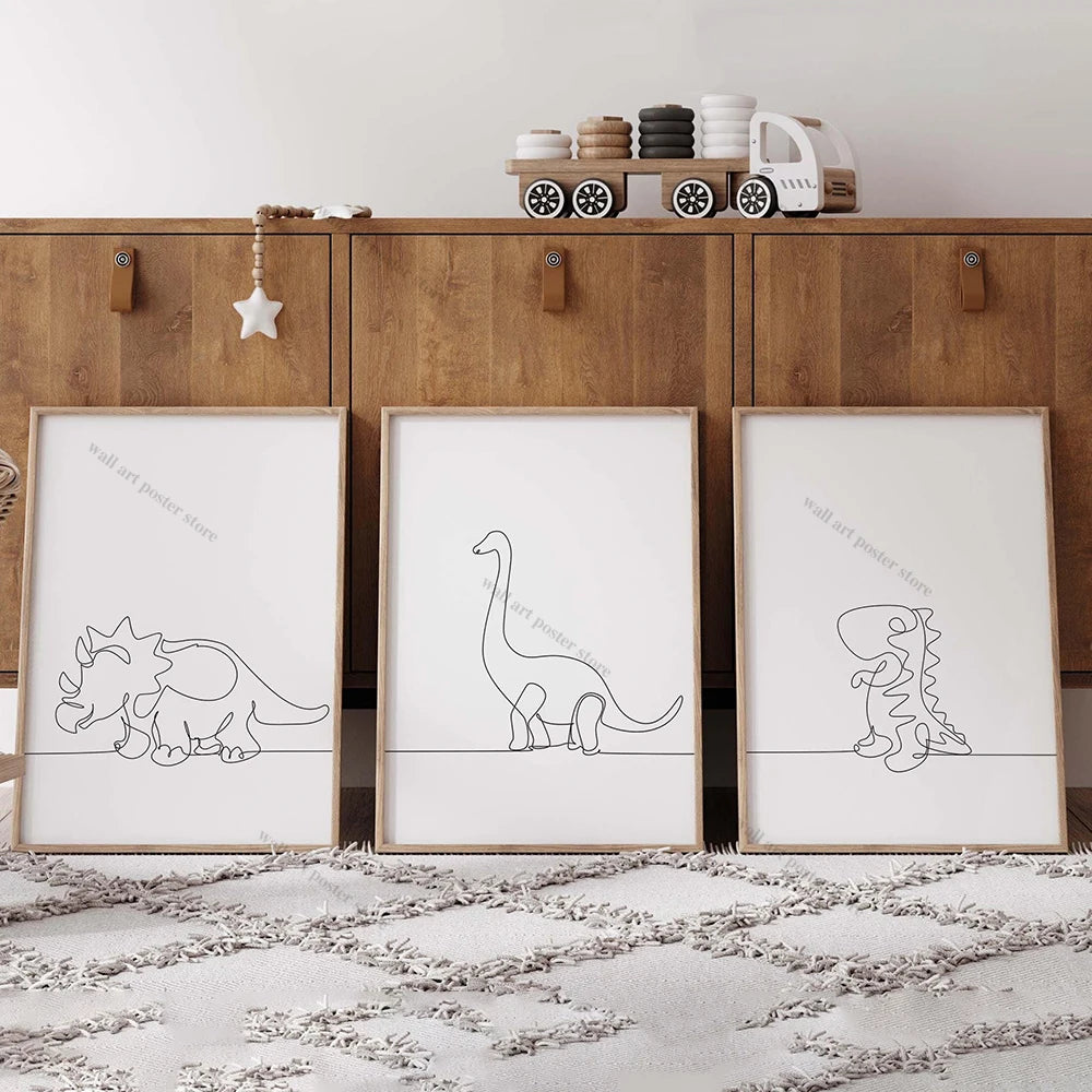 Dinosaur Line Art Prints – Minimalist Jurassic Nursery Wall Art Set