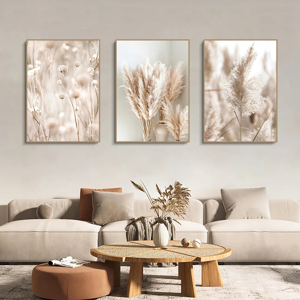 3-Piece White Seascape Canvas Wall Art – Nordic Coastal Pampas Prints