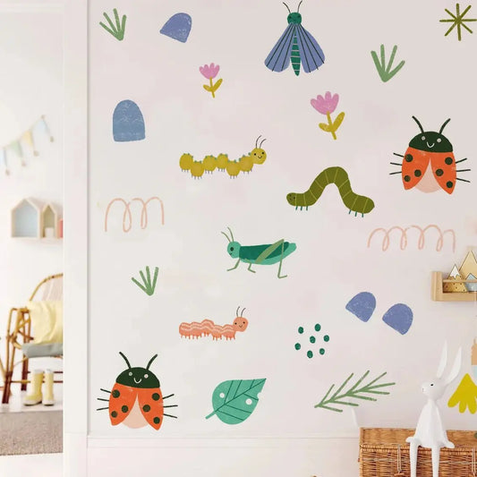 Cute Watercolor Insect & Flower Wall Decals for Kids Room