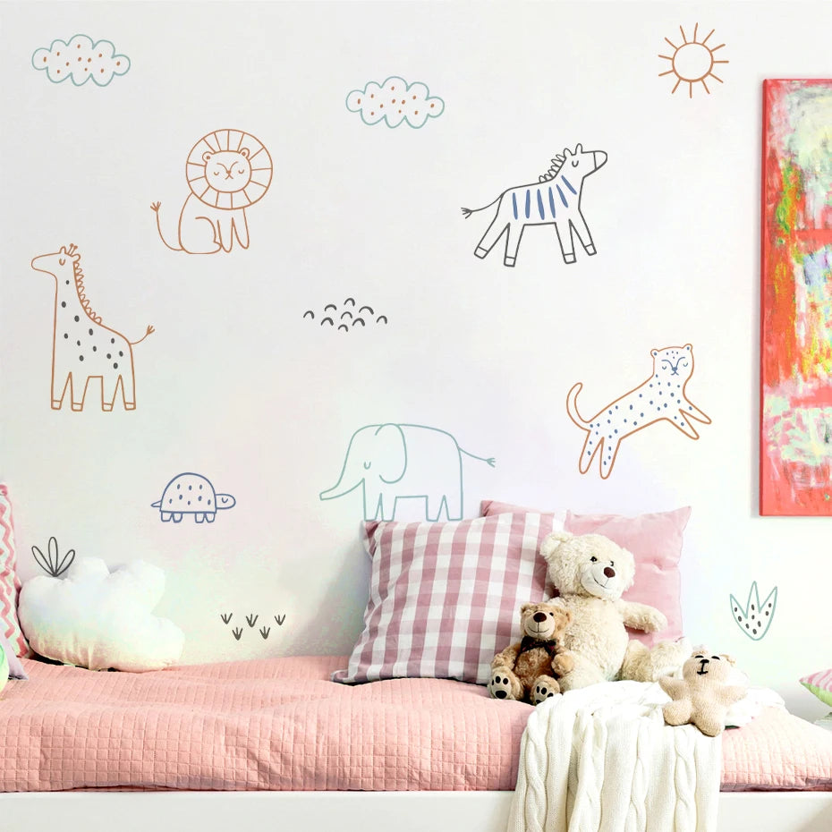 Cartoon Line Animals Wall Decal – Watercolor Kids Room Decor