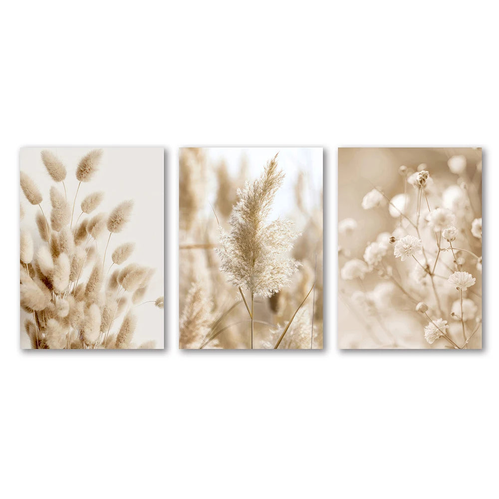 3-Piece White Seascape Canvas Wall Art – Nordic Coastal Pampas Prints