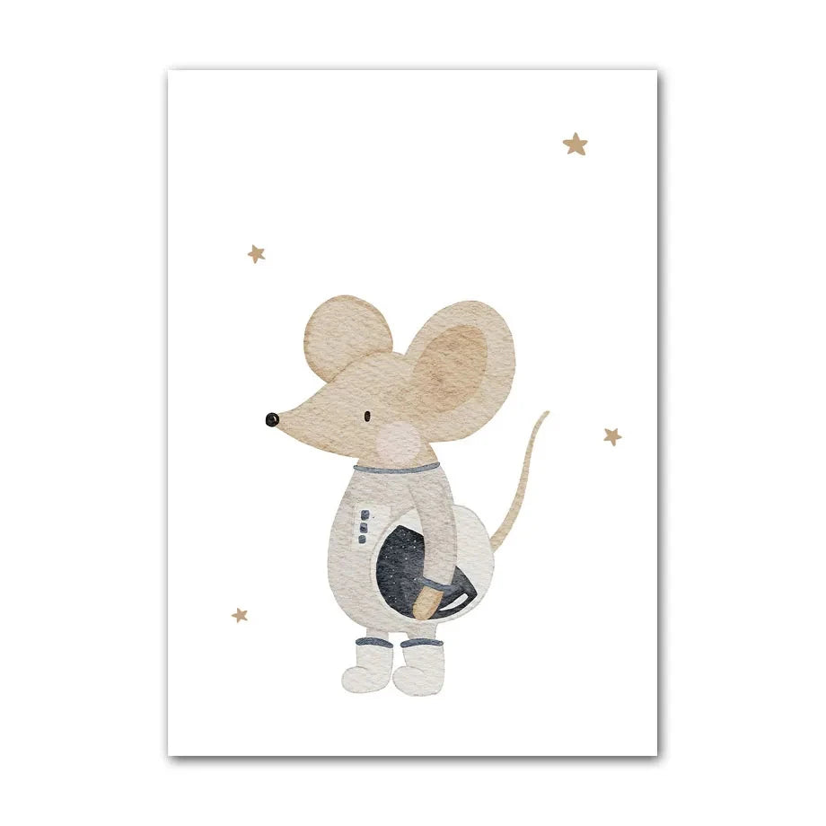 Boho Cartoon Animal Canvas Wall Art – Bear, Panda & Mouse Nursery Prints