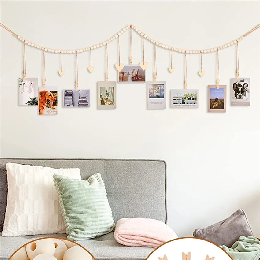 Boho Hanging Photo Display Garland – Wooden Bead Wall Décor with Clips